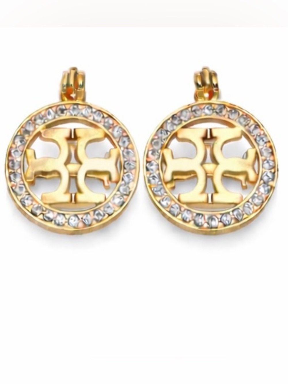 Gold Iconic Logo Drop Crystal Circle Designer Inspired Statement Earrings